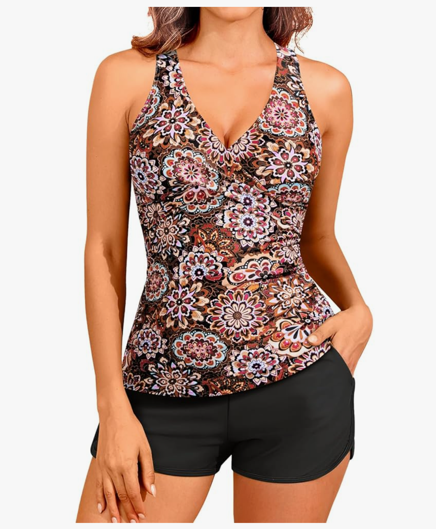 Women Tankini Swimsuits with Shorts - Two Piece Tummy Control Bathing Suits Top with Two Pockets Bottom Swimwear, Size L