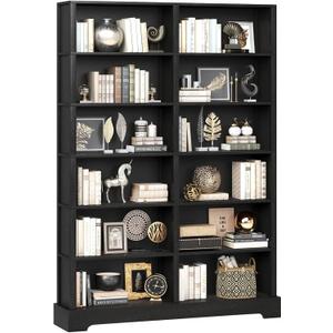 TVU 6-Tier Wood Book Shelf, 47" Wide Large Bookcase and Bookshelf, 76" Tall Bookcase with Storage, Freestanding Wood Display Book Shelves for Living Room, Home Office, Black