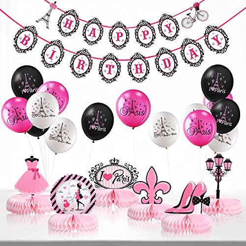 Clabby 26 Pcs Paris Birthday Party Decorations Set Honeycomb Centerpiece Table Topper Happy Birthday Banner Eiffel Tower Balloons Decor for Wedding Baby Shower Theme Party Supplies