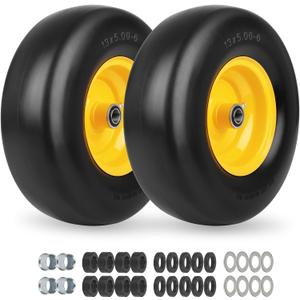 GICOOL 2-Pack 13x5.00-6 Flat Free Lawn Mower Tire and Wheel Assembly, 13" Solid Smooth Tread PU Tire with 3/4" or 5/8" Bearing, 3.25"-5.9" Adjustable Centered Hub for Zero Turn Mowers