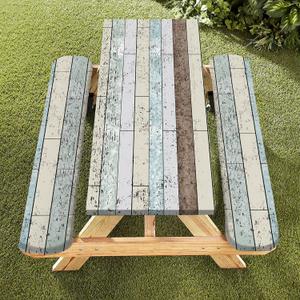 famibay 2 Piece Picnic Table Covers with Elastic Fitted Picnic Table Cover with Bench Covers Farmhouse Camping Tablecloth Waterproof Picnic Table Covers for Outdoors(Wood Grain,12" x72"+30" x72")