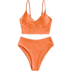 ZAFUL Women Tankini Set, Ribbed High Cut Surplice Swimsuit Bathing Suit with Spaghetti Straps (Small, 0-orange-surplice)