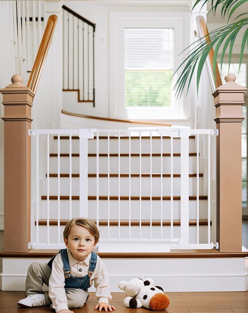 Cumbor 29.7-48" Baby Gate for Stairs, Mom's Choice Awards Winner-Dog Gate for Doorways, Auto Close Safety Pet Gate for Dogs Indoor, Easy Install Pressure Mounted Child Gate with Walk Thru Door, Black (29.7-48"W x 30.5"H, White)