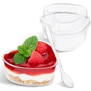 TOFLEN 5 oz Heart Shaped Dessert Cups with Lids and Spoons 300 Pcs | Serves 100 | Mini Plastic Dessert Shooter Cups for Parfait, Cheesecake, Mousse, Appetizers, Jello Shot and Puddings