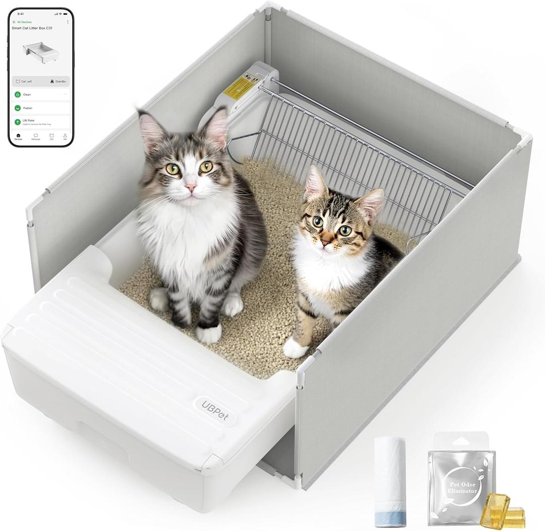 Open Top Automatic Litter Box, Self Cleaning Cat Litter Box with APP Control and Safety Sensor, Dual Rake, Odor Control, Large Capacity for Multiple Cats (White)