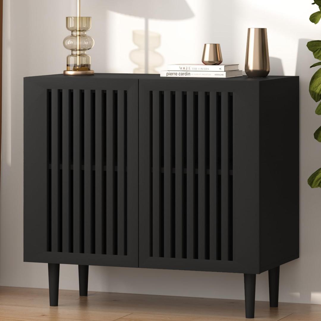 Farmhouse Storage Cabinet, 31.5" Buffet Cabinet with 2 Doors and Adjustable Shelf, Sideboard Coffee Bar with Solid Wood Feet for Kitchen,Dining Room,Living Room,Black