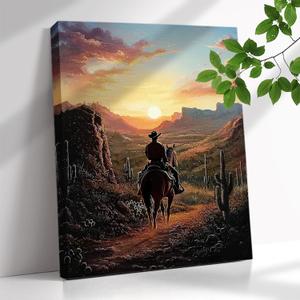 Western Cowboy Pictures Wall Decor Sunset Desert Landscape Prints Art Vintage Western Canvas Wall Art Mountain Painting Artwork For Living Room Bedroom Office Home Decorations Gifts For Men Women  (16"L x 12"W)