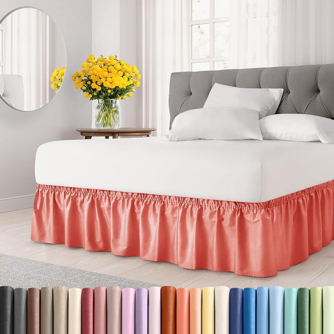 Wrap Around Dust Ruffle Bed Skirt - Coral - for Full Size Beds with 12 Inch Drop - Easy Fit Elastic Strap - Adjustable Pleated Bedskirt w/Brushed Fabric - Wrinkle Free - for Women, Men, Kids & Teens