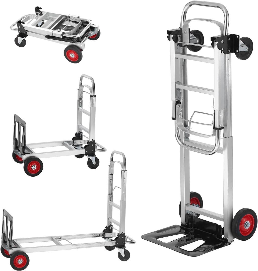 VEVOR Aluminum Folding Hand Truck, 2 in 1 Design 400 lbs Capacity, Heavy Duty Industrial Collapsible cart, Dolly Cart with Rubber Wheels for Transport and Moving in Warehouse, Supermarket, Garden