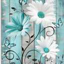 MYUSRE Farmhouse Teal Floral Wall Art for Bathroom, Turquoise Daisy and Butterfly on Retro Wood Canvas Wall Art Wildflower Nature Plant Pictures for Bedroom Living Room Wall Decor, 16L X 12W inches