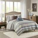 Madison Park Quilt Set Luxurious Jacquard Stripes Design - All Season, Coverlet Bedspread Lightweight Bedding Layer, Shams, Decorative Pillow, Full/Queen(90"x90"), Floral Blue 5 Piece