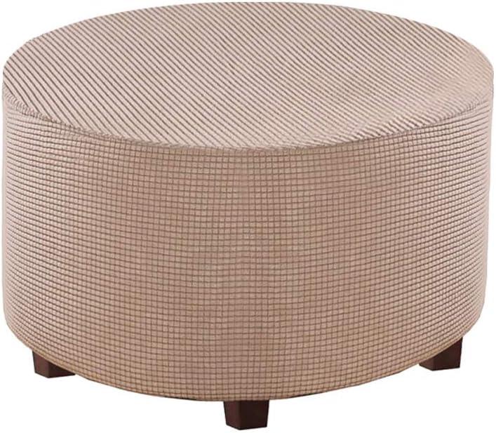 Round Ottoman Slipcover Polyester Blend Footstool Protector Covers Stretch with Elastic Bottom Feature Textured Machine Washable Jacquard Fabric (Beige, Medium Size)