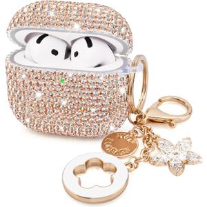 VISOOM Cute Jewelry Case for Airpods 4 Cases 2024 Cover Women, Sparkly Air pods 4 Gen Case Hard TPU Airpod Cases 4th Generation Glitter iPods 4 Cas with Bling Keychain for iPods Earbuds Airpods 4th (J-Champagne Gold)