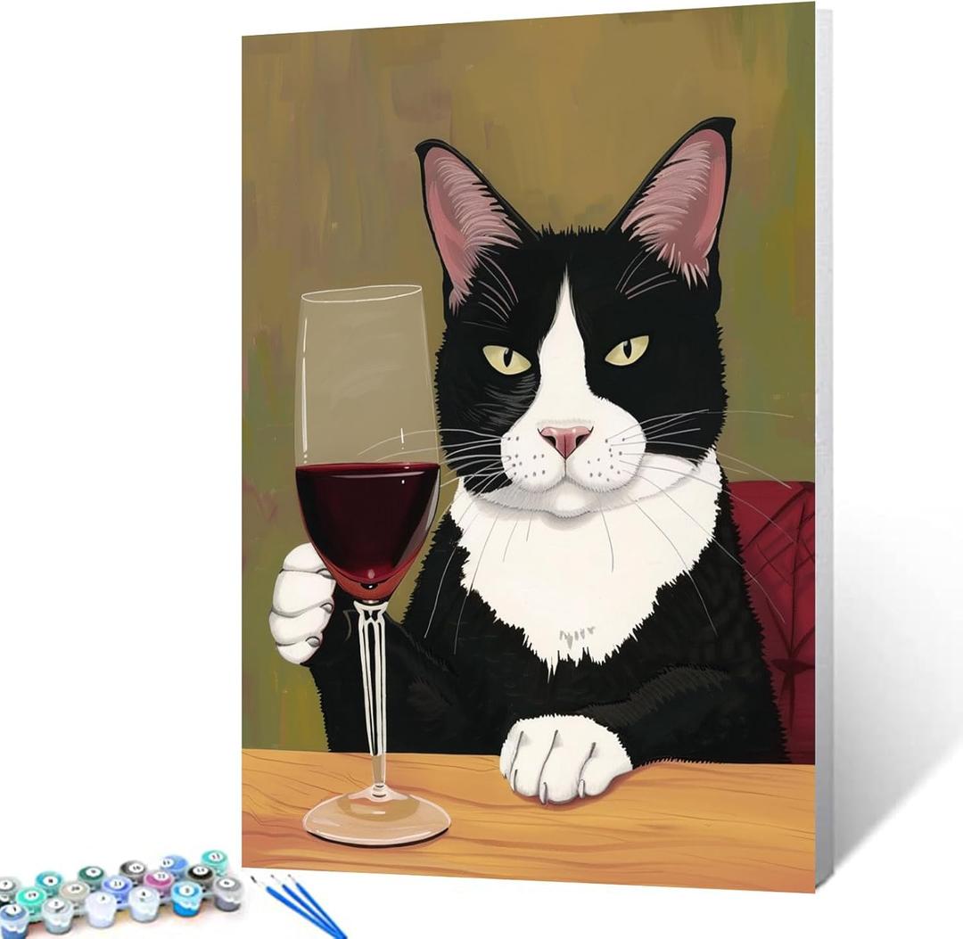 Tucocoo Black and White Cat Drinking Wine Paint by Numbers for Adults DIY Red Wine Glass Cats Painting Abstract Painting Kits for Home Living Room Bedroom Office Wall Decor 16"x20"inch no Frame (Pbn-drink Animals 02)