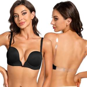YBCG Plunge Bra with Clear Back Straps Backless Deep V Convertible Push up Padded Add 2 Cup Low Cut Underwire for Women 36D