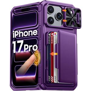 Vizvera for iPhone 17 Pro Case Wallet RFlD [Cards Holder][Camera Control][Camera Cover] Full Body Rugged Shockproof Silicone Protective Phone Case for iPhone 17 Pro 6.3'' 2025(Purple)