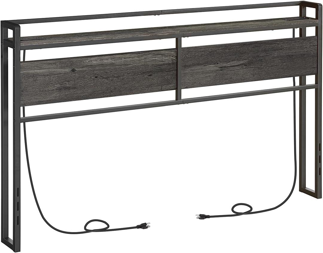 HOOBRO King Size Headboard, Headboard with 2 Outlets and 4 USB Ports, Adjustable Height, Storage Rack, Sturdy and Stable, Easy Assembly, Charcoal Gray and Black