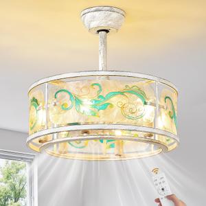 White Caged Ceiling Fans with Lights, 20'' Mid Century Chandelier Ceiling Fan with Light and Remote, Low Profile Ceiling Fan with 6 Speeds for Bedroom Nursery Kitchen