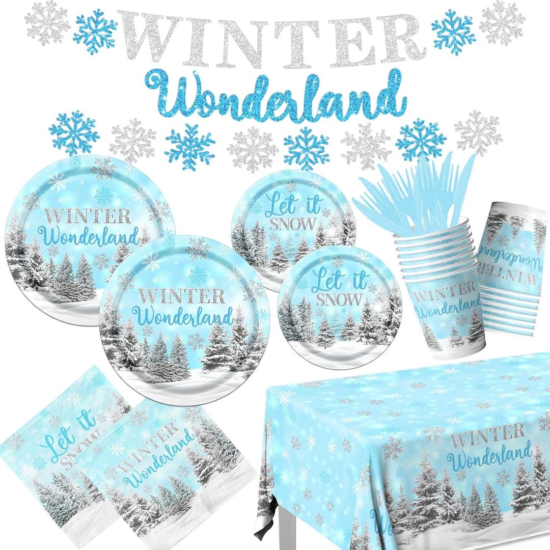 2 x Winter Party Plates and Napkins,Blue Winter Wonderland Decorations Tableware 142pcs Snowflake Napkins and Plates Cups Tablecloth Banner for boy Winter Wonderland Birthday Decorations