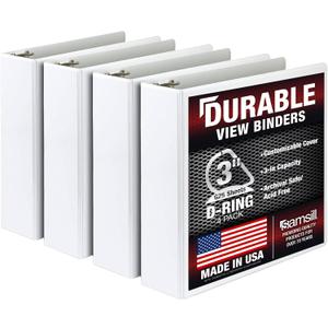 Samsill Durable 3 inch 3 Ring Binder, D Ring Binder, 100% Recycled Chipboard, White, 4 Pack