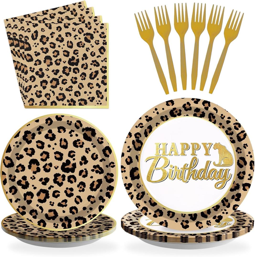 Grencian 96 Pcs Cheetah Print Birthday Decorations Leopard Print Party Supplies Brown Leopard Plates and Napkins Safari Themed Paper Plates for Birthday Jungle Safari Cheetah Theme Party Serves 24