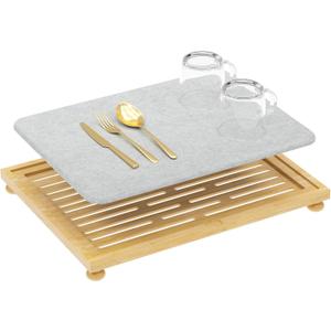 Golener Stone Drying Mat for Kitchen Counter, Dish Drying Pad with Bamboo Rack, Super Absorbent Diatomaceous Earth and Drying Rack, Multi-purpose Quick Drying Mat Rack for Kitchen, 16x12, Dark Grey