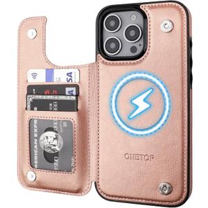 ONETOP Compatible with Magsafe for iPhone 16 Pro Max Wallet Case with Card Holder, PU Leather Kickstand RFID Blocking Case, Double Magnetic Clasp and Durable Shockproof Cover 6.9 Inch (Rose Gold)