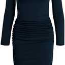 Missufe Women's Long Sleeve Ruched Casual Sundress Bodycon Sheath Knee Length Dress M