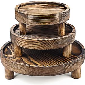 Wood Display Riser Set, 3 Piece Decorative Pedestal Stand, 8/6/5 Inch, Rustic Brown