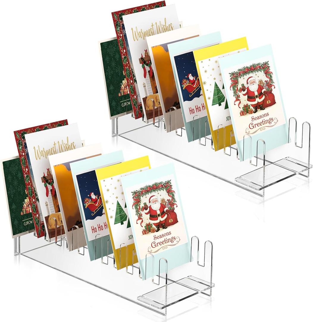 2 Pcs Christmas Greeting Card Display Stand Acrylic Greeting Card Display Rack Portable Postcard Organizer for Retail Counter Tabletop Postcards Coasters Stickers Brochures Vendors (Clear)