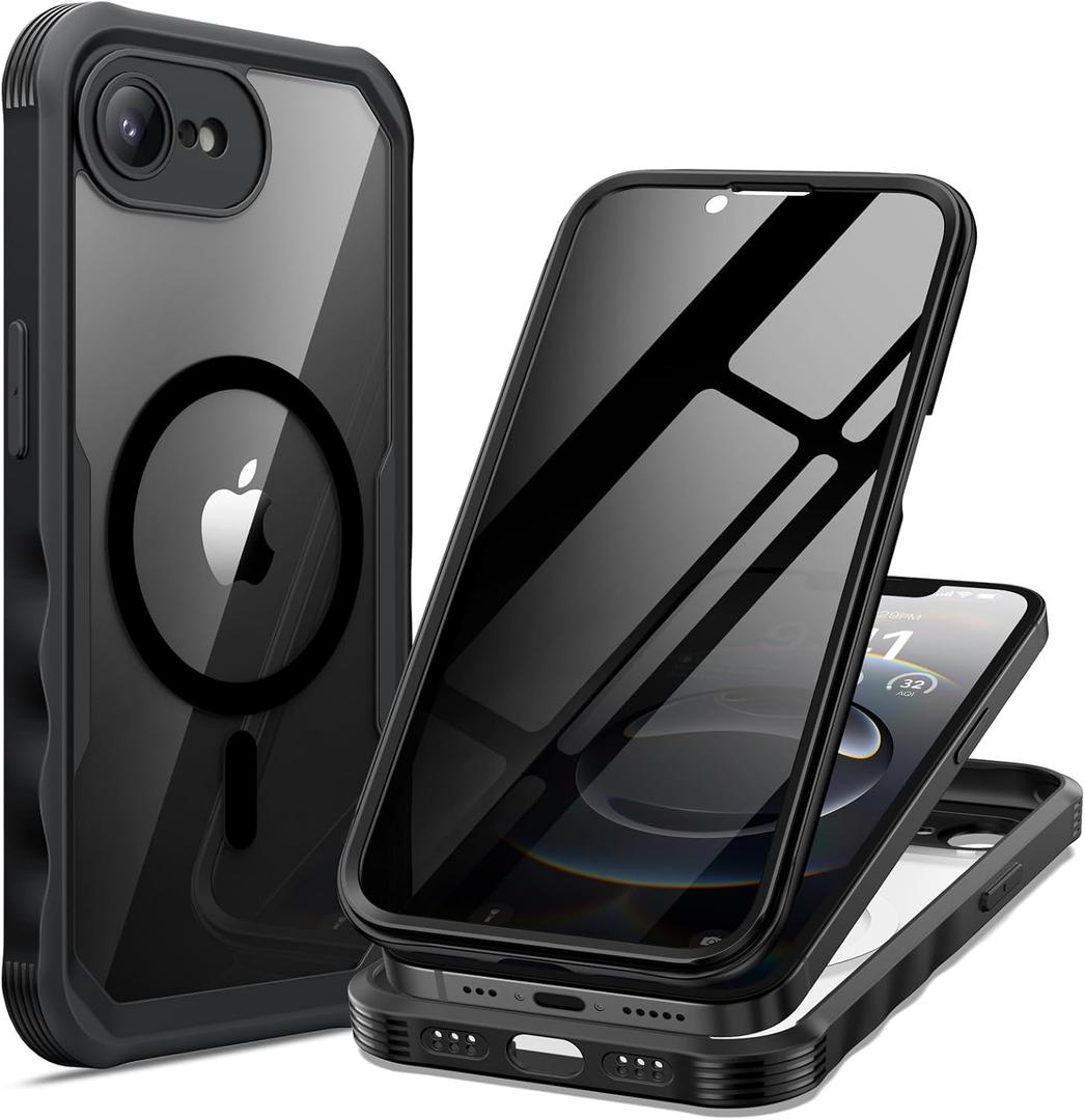 Seacosmo for iPhone 16e Case, Full Body Bumper with Built-in 9H Tempered Glass Privacy Screen Protector and Camera Lens Protection, Compatible with MagSafe, Shockproof 16 e Phone Case, 6.1", Black