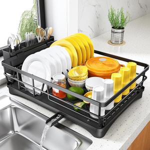 Dish Drying Rack for Kitchen Counter - Large Dish Rack with Drainboard, Rustproof Dish Drainer with Utensil Holder for Sink, Black