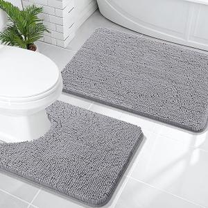 OLANLY Bathroom Rugs Sets 2 Piece, Soft Absorbent Chenille Bath Mats and U-Shaped Contour Toilet Mat Area Rug Set, Machine Washable Bath Carpet, Home Decor Accessories(30"x20"+24"x20", Grey)
