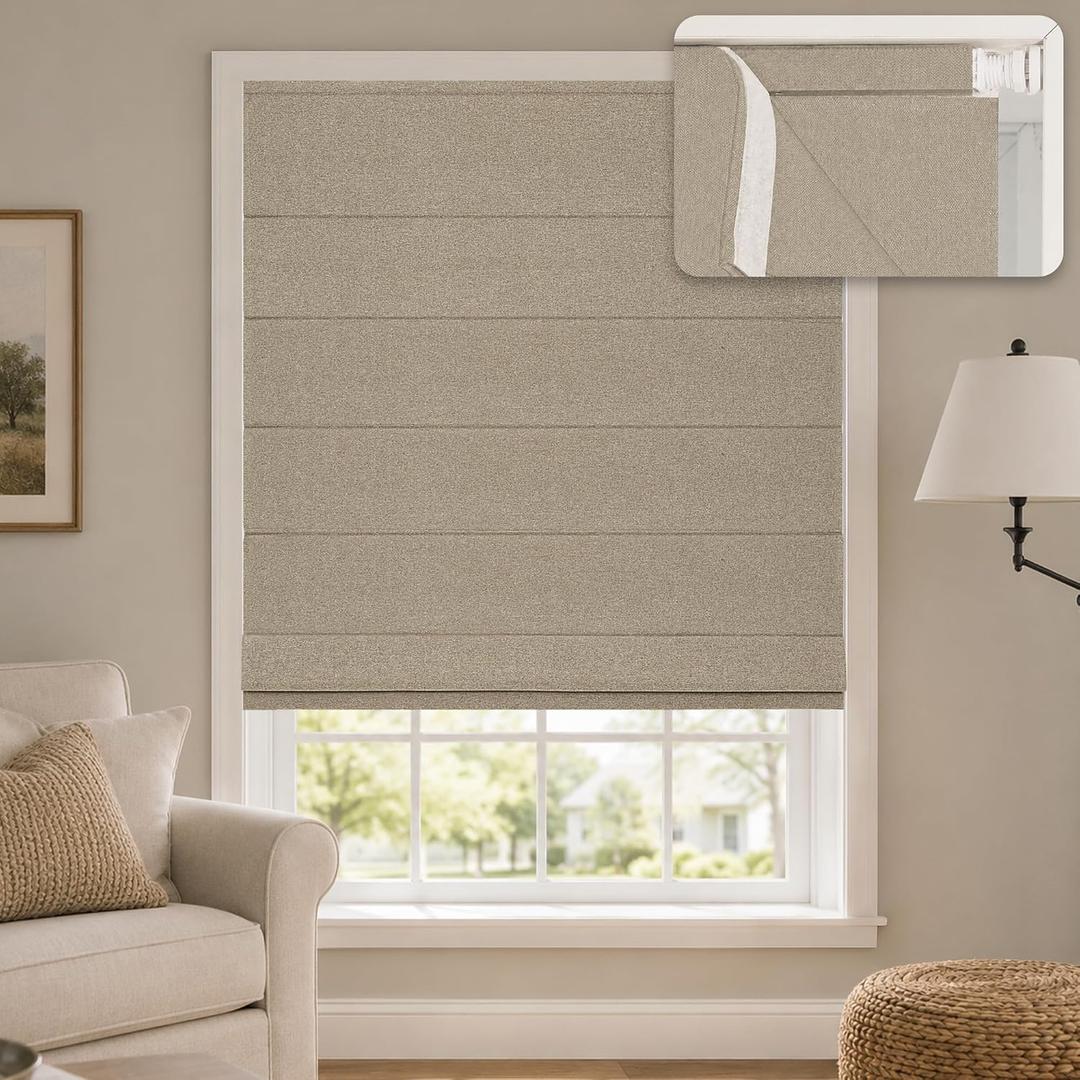 Hestia No Drill Cordless Roman Shades for Windows, Brown, 30" W x 64" H | 100% Blackout UV Protection, Linen-Like Polyester Fabric, Inside Mount Only, Easy Install For Bedrooms, Kids' Rooms