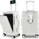 Gets 20 Inch Aluminum Frame Carry On Luggage with Front Pocket,Airline Approved Zipperless Hard Shell Suitcase,360 Spinner Wheels, TSA Locks, USB Charging Port, Cup & Phone Holder-White