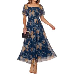 Simplee Womens Floral Maxi Dresses 2026 Summer Square Neck Mesh Short Sleeve Smocked Boho Flowy Wedding Guest Dress, XL