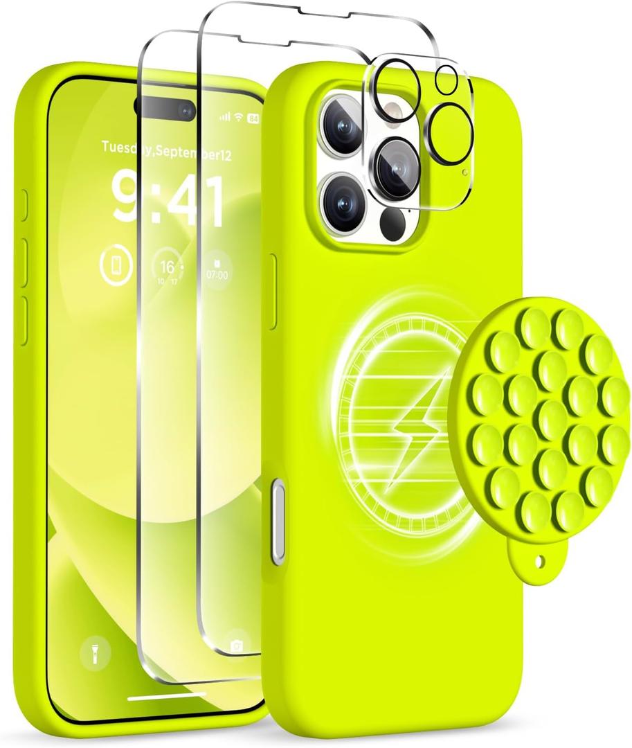 Magnetic for iPhone 16 Pro Case, Compatible with Magsafe, Suction Cup Phone Mount, 2 Screen Protectors - Camera Protector, Silicone Shockproof Protective Phone Cover 6.3", Neon Yellow