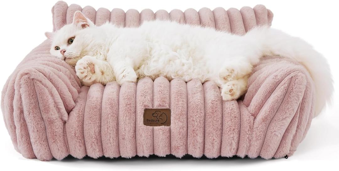 Bedsure Cute Cat Couch for Pets - Fluffy Cat Sofa with Premium Soft Corduroy Fleece, Fuzzy Pet Couch Bed with Removable Washable Cover, Supportive Chair for Indoor Cats, 24inch, Blush Pink (24x18x10")