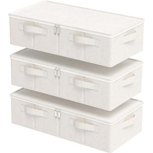 Underbed Storage Box Organizer, Foldable Under Bed Clothes Bags Container, Flat Bins with Lid for Organizing Clothes, Sheets, Blankets, Comforter, 23.6x11.8x5.9in, Beige, 3 Pack