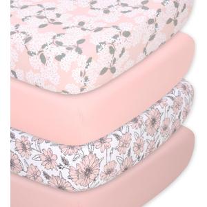 The Peanutshell Baby Organic Bassinet Sheets 4-Pack Unisex - Soft, Oval & Rectangle Baby Girls or Boys Sheet, 100% Jersey Cotton, Fitted Covers for Crib, Halo Bassinet Mattress - Cottage Floral