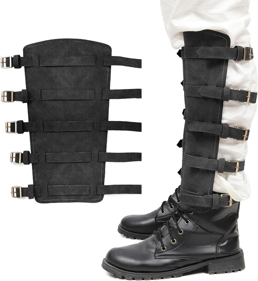 KUOIN Medieval Steampunk Faux Leather Leg Guards Knight Boot Cover Protector Gaiters with Buckles (Black)