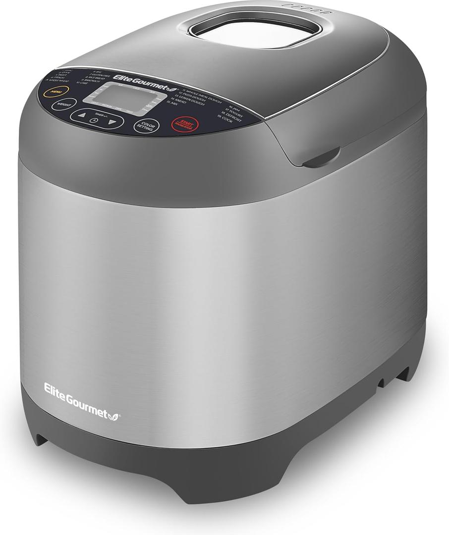 Elite Gourmet EBM8103SS Programmable Bread Maker Machine, 3 Loaf Sizes, 19 Menu Functions Gluten Free White Wheat Rye French and more, 2 Lb, Stainless Steel, 
13.98"D x 11.89"W x 9.45"H