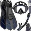 Snorkeling Gear for Adults Men Women,4 in 1 Snorkel Set with Panoramic View Diving Mask Anti-Fog Anti-Leak,Dry Top Snorkel,Fins and Travel Bag for Swimming,Snorkeling and Travel Diving (ML/XL, NavyBlue)