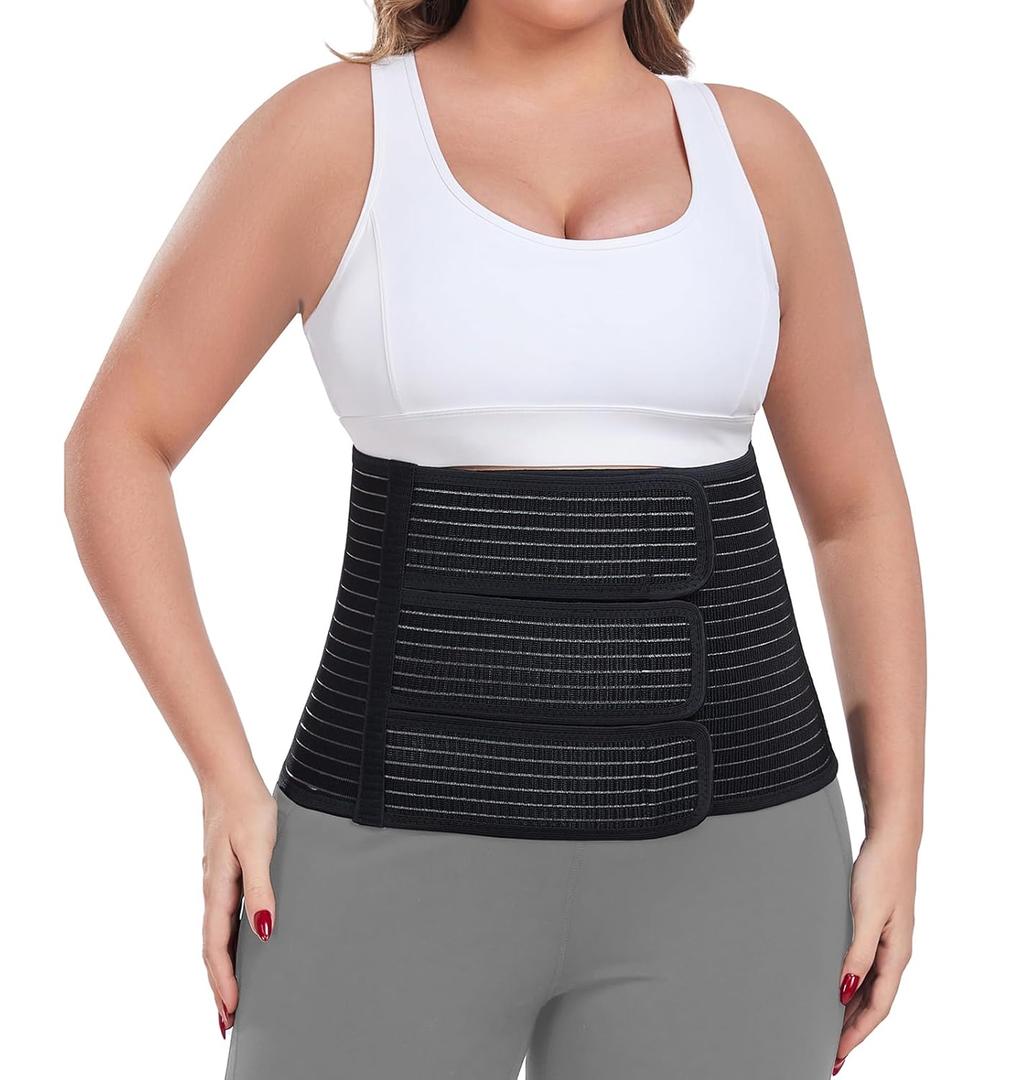 Postpartum Belly Band Abdominal Binder Post Surgery, for Natural Delivery & C-Section Recovery, 9.7" High Adjustable Compression Belly Wrap, Polyester Made with Bamboo Charcoal Fiber(Black, S/ M)