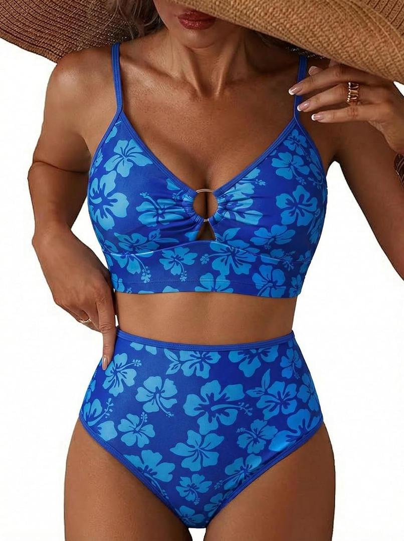 Herseas Women's O Ring Bikini Sets 2 Pieces Floral Print Swimsuits High Waisted Bathing Suits (M)