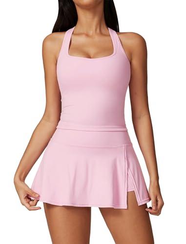 ABEHIK 2 Piece Tennis Dresses for Women Padded High Waisted Side Slit Sleeveless Athletic Tennis Skirts Set Seamless Mini Workout Dress Built in Shorts Racerback Tank Top Yoga Golf Outfits Pink S