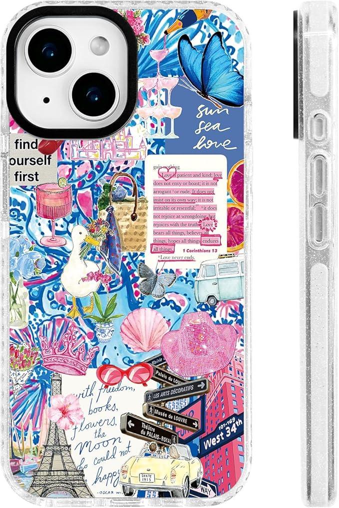 for iPhone 13 & iPhone 14 Case [Military-Grade Drop Protection/Vibrant Soft TPU Protective/Camera Protection/for Women & Girls]-Playful Vibrant Romantic Pink Blue Girly Urban Collage Art