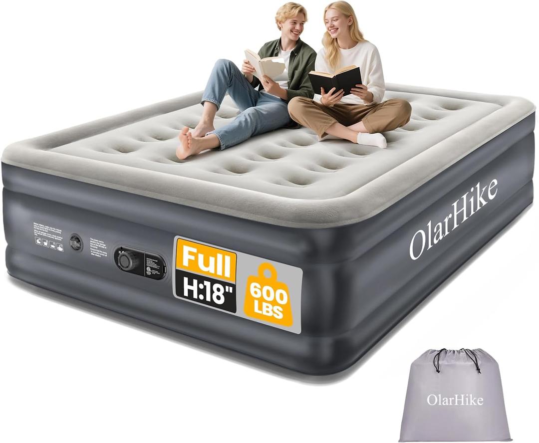 OlarHike Full Air Mattress with Built-in Pump, 18" Raised Inflatable Air Bed for Guests, Home Use & Camping, Supports Up to 600 lbs (Grey)
