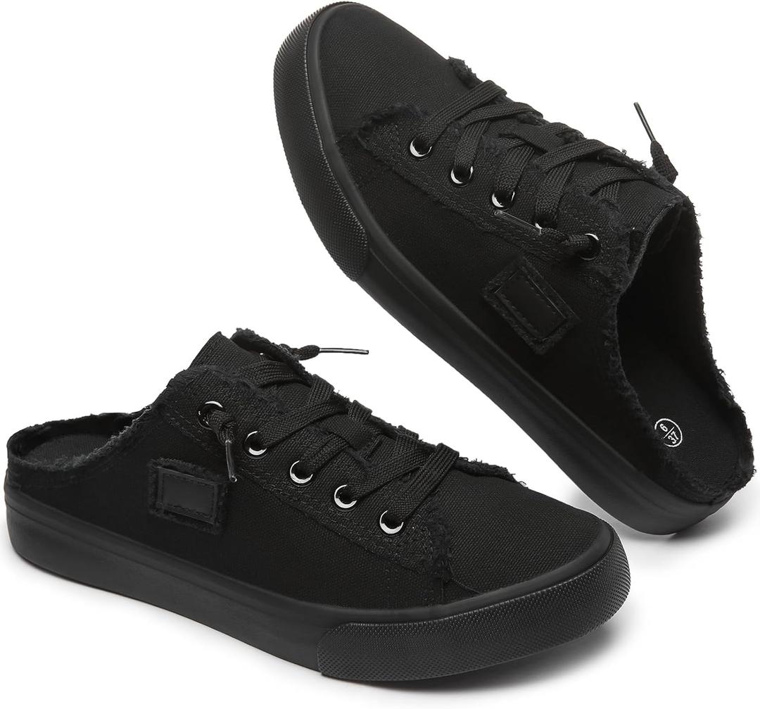 BENPAO Women's Slip on Sneakers Canvas Slip ons Shoes Fashion Comfortable Mules Womens Non Slip Loafers Casual Backless Shoes (10, Full Black)