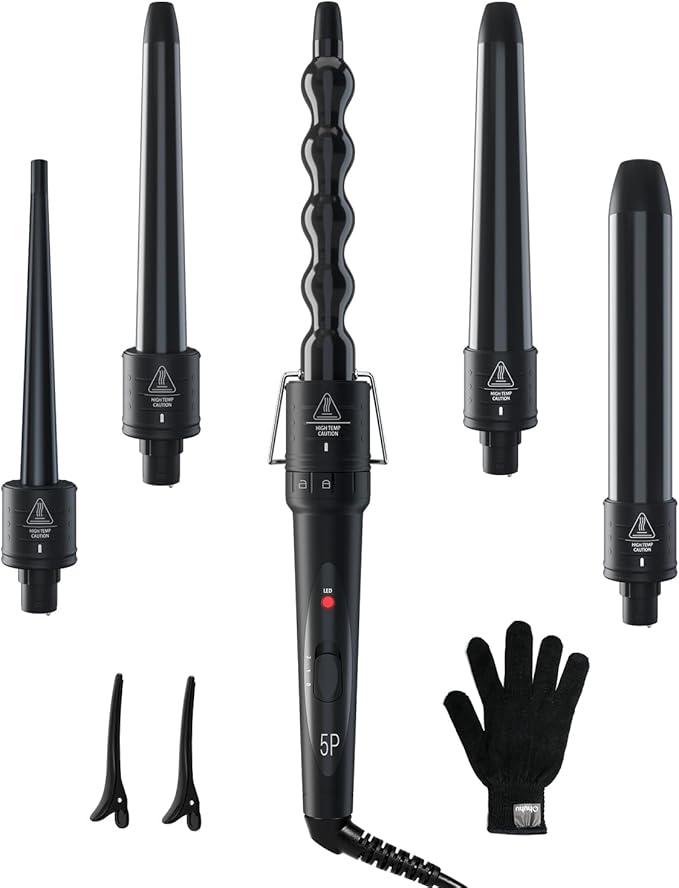 Huhu Curling Wand Set: Ohuhu Curling Iron Wand 5Pcs 0.35 to 1.25 Inch Interchangeable Ceramic Barrel Heat Protective Glove 2 Clips Dual Voltage Hair Curler for Girls Women Mother Gift Black